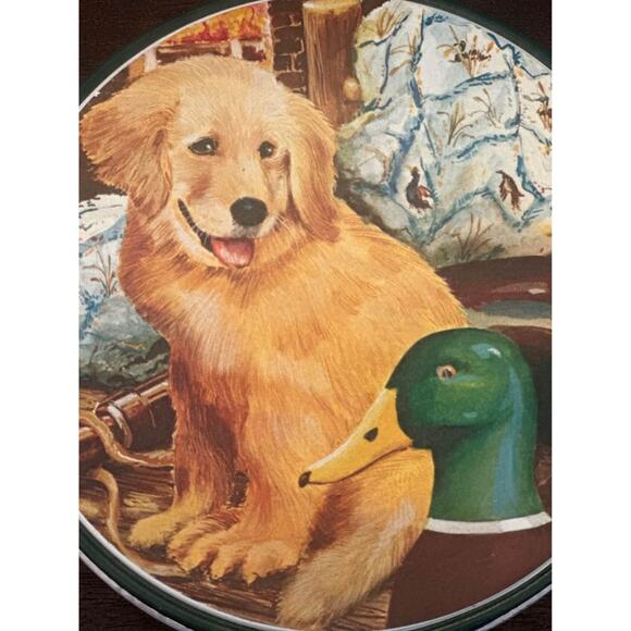 VTG Golden Retriever Puppy Dog Mallard Duck Round Tin Retro Country Decor - Picture 2 of 8